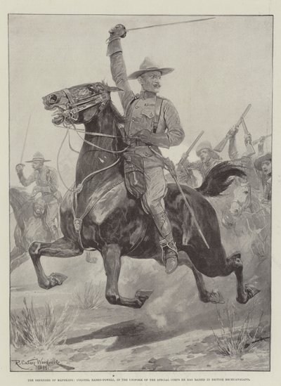 El defensor de Mafeking, el coronel Baden-Powell, en el uniforme del Cuerpo Especial que ha levantado en Bechuanalandia Británica de Richard Caton Woodville junior